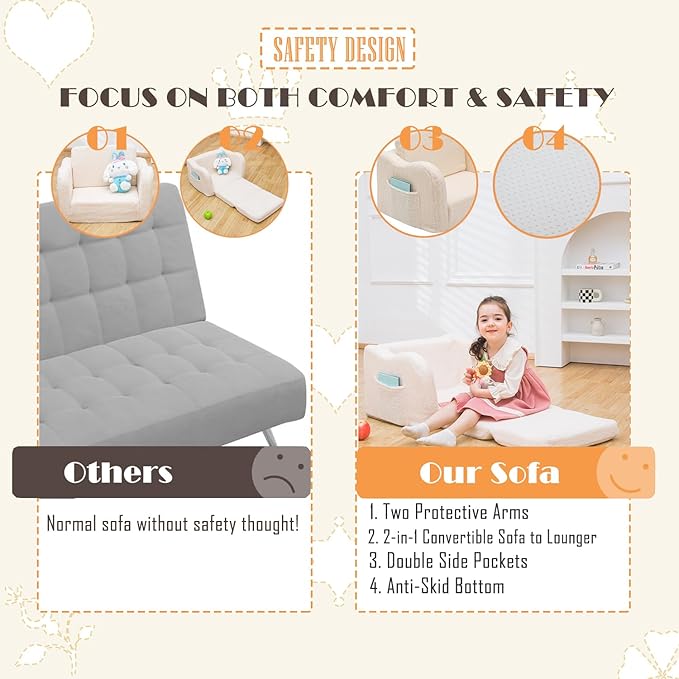 Baby Toddler Sofa Couch for Kids Foldable 2-in-1 Sherpa Fold Out Couch Bed for Playroom, Pull Out Children Convertible Sofa to Lounger Sleeper Chair for Boys & Girls with Double Pockets - Pink