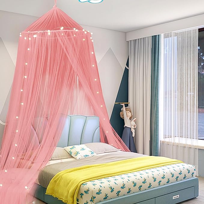Mengersi Bed Canopy with Lights,Princess Bed Canopy Canopy Bed Curtains for Girls Room,Mosquito Netting Canopy Reading Corners Room Decor for Girls (Pink)