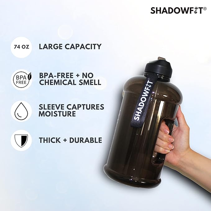 Half Gallon Water Bottles (74 ounce, 2.2 Liter) with Straw Lid Handle and Storage Sleeve - Large Jug Holder with Strap for Drinking during Workout and Exercise