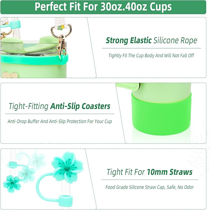 Stanley Cup Accessories Set Including 1 Pcs Water Bottle Handle Strap, 1 Pcs Siliocne Straw Cover, 1 Pcs Siliocne Stanley Cup Boot, 3 Pcs Stanley Charms for Stanley Cup 40oz & 30oz Tumbler - Green