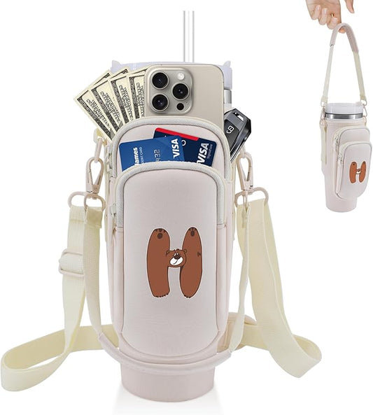 Water Bottle Carrier Bag with Phone Pocket for Stanley 40 oz Tumbler Neoprene Water Bottle Holder Pouch with Adjustable Strap Bollus with Straw Cover & Carabiner for Stanley Cup Accessories