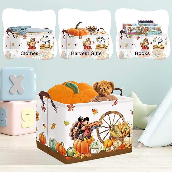 Clastyle Rectangular Scarecrow Cart Fall Basket Farm Harvest Turkey Thanksgiving Storage Bin Maple Leaf Pumpkin Large Gift Basket Autumn Clothes Toy Book Shelf Basket
