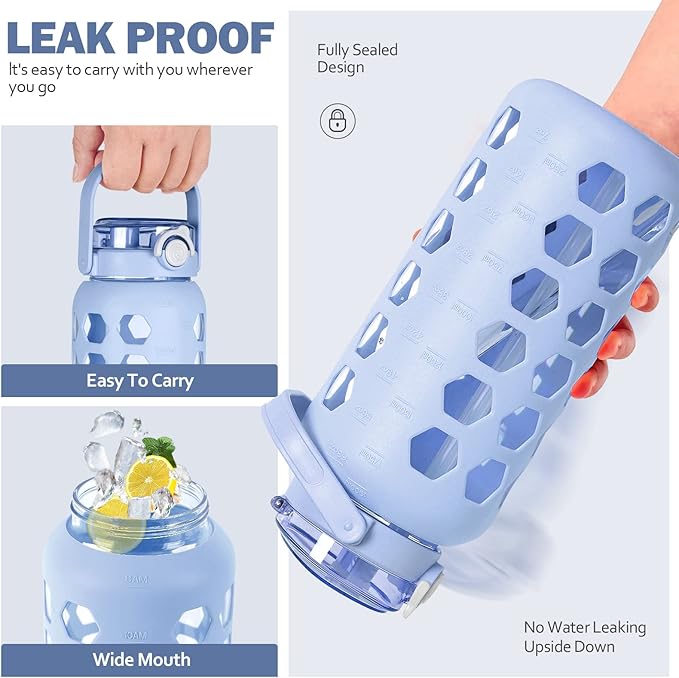 MUKOKO Half Gallon/64 oz Glass Water Bottles with Straw and Lid,Motivational Water Jug with Time Marker Reminder and Silicone Sleeve,100% Leakproof BPA Free Fitness Sports Large Bottle-Light Blue