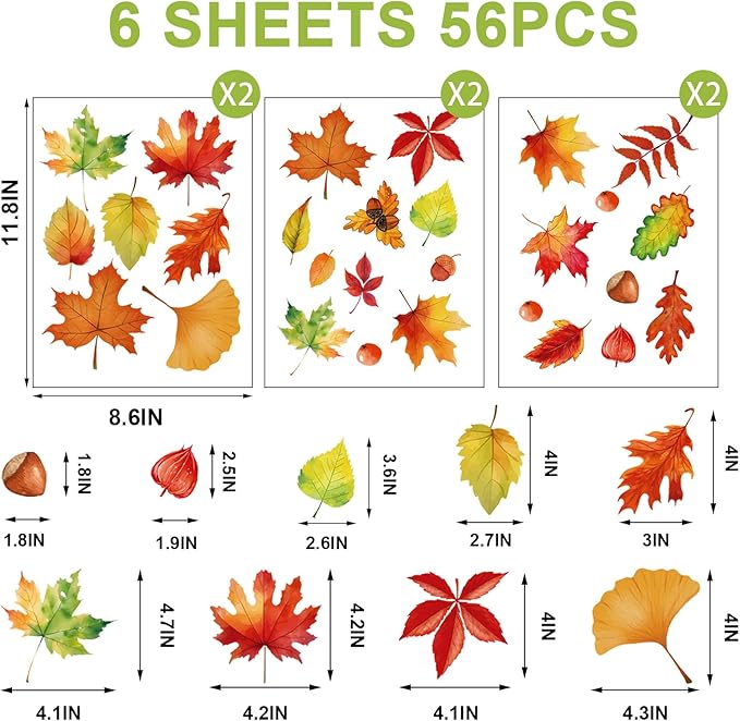 Fall Window Clings for Glass Windows Autumn Maple Leaf Window Static Stickers Double-Sided Leaves Hazelnut Window Door Cling Removable Reusable Stickers Thanksgiving Window Door Decor