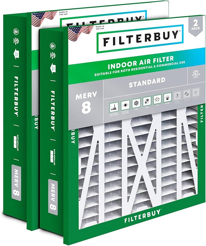 Filterbuy 20x25x5 Air Filter MERV 8 Dust Defense (2-Pack), Pleated HVAC AC Furnace Air Filters Replacement for Honeywell Return Grille (Actual Size: 18.38 x 23.38 x 3.69 Inches)
