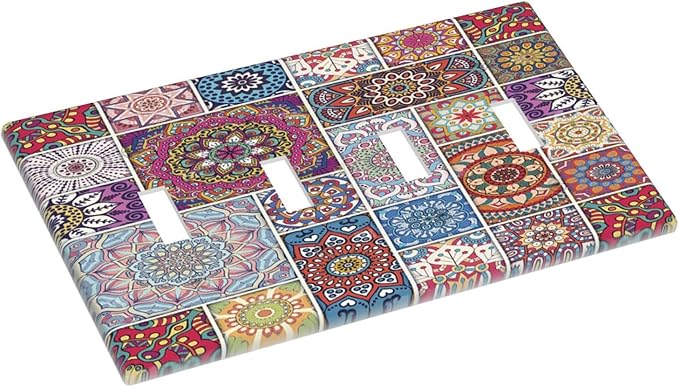 Morocco Talavera Mexican Tiles Printed Colroful Mandala Quad Toggle Light Switch Covers 4 Gang Wall Plate Decorative Switchplate Electrical Faceplate for Kitchen Bathroom Bedroom Decor