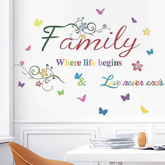 Family Wall Sticker, Inspirational Wall Decor Home Wall Decoration Warm Quotes Sticker Waterproof Removable Butterfly Sticker Letter Word Decal for Bedroom Dining Room Kitchen Wall Art Decor(Colorful)
