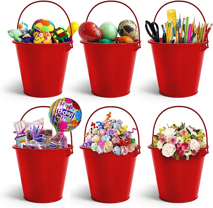 Small Metal Buckets with Handle 6 Pcs – Galvanized Bucket Leak Proof & Rust Resistant 20 fl oz Capacity - Best for Party Décor, Organizing & Decorating Classrooms (Red, Small 4.3" Top)