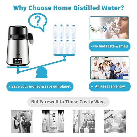 VEVOR 1.1 Gal Water Distiller, 0.3 Gal/H, Distilled Water Maker Machine, 750W, 304 Stainless Steel Countertop Distiller, Glass Carafe, Cleaning Powder, Carbon Packs, Silver