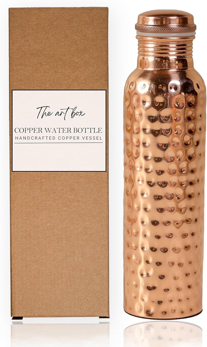 THE ART BOX Hammered Copper Water Bottle 32 Oz / 950 ml Large with Anti Slip Bottom Leak Proof Lid Ayurvedic Pure Copper Vessel for Drinking, Travel, Sports, Fitness and Yoga (Hammered)