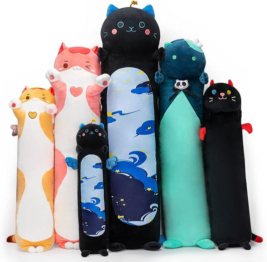 Long Cat Plush Kawaii Body Pillow, 36” Cute Black Cat Stuffed Animals Soft Plushies, Blue Star Kitten Big Plush Toys Throw Pillow Doll Gift for Girlfriend