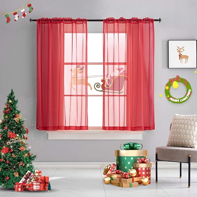 Red Sheer Voile Curtains Translucent Solid Color Window Treatment 63 Inches Long Panels Rod Pocket Red sheers for Bedroom Living Room 2 Panels 52x63