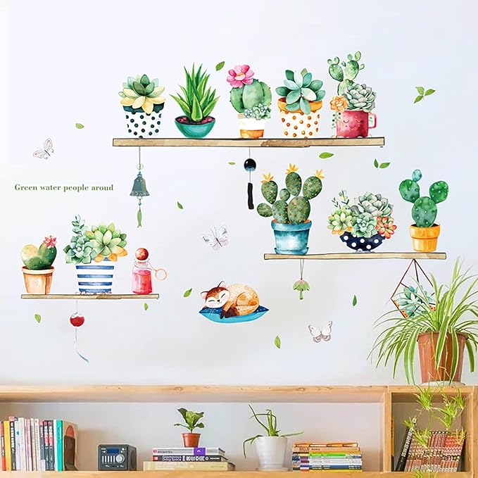 Green Cactus Potted Wall Decals Tropical Plants Wall Stickers DIY Peel and Stick Art Murals, Art Decorations Decor for Kids Bedroom Kitchen Office Girl Room