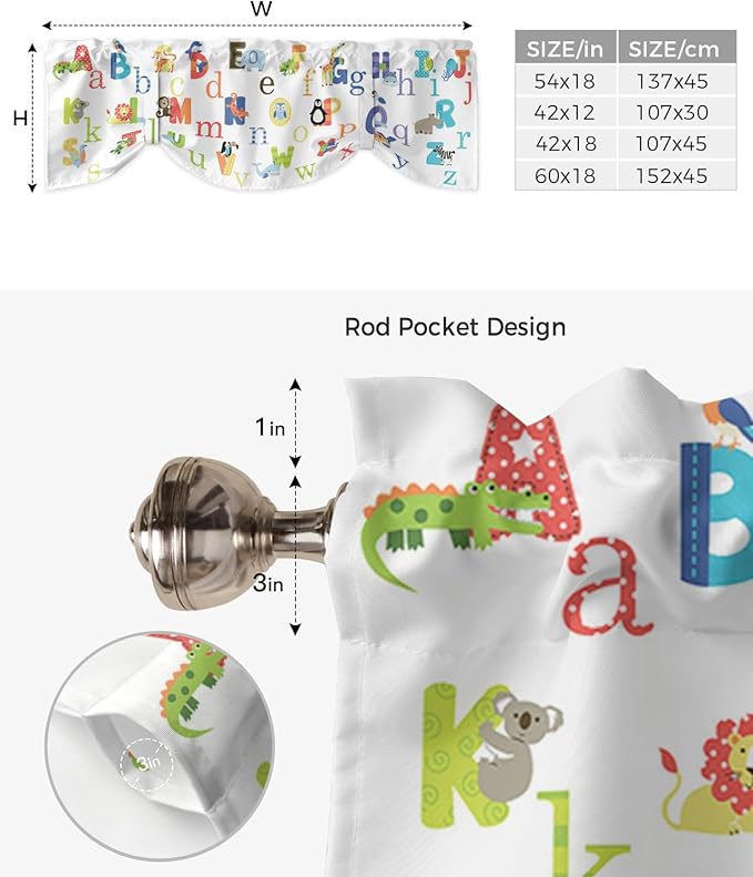 Cute Animals Alphabet for Kids Blackout Tie Up Valance Curtains for Kitchen Windows Colorful Printed Window Toppers Balloon Shades for Living Room/Bathroom/Bedroom,1 Panel,42" X 18"