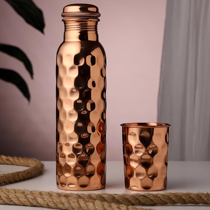 Copper Water Drinking Bottle Ayurvedic Health Benefits Diamond Pattern Water Bottle (1 Bottle and 1 Glass)