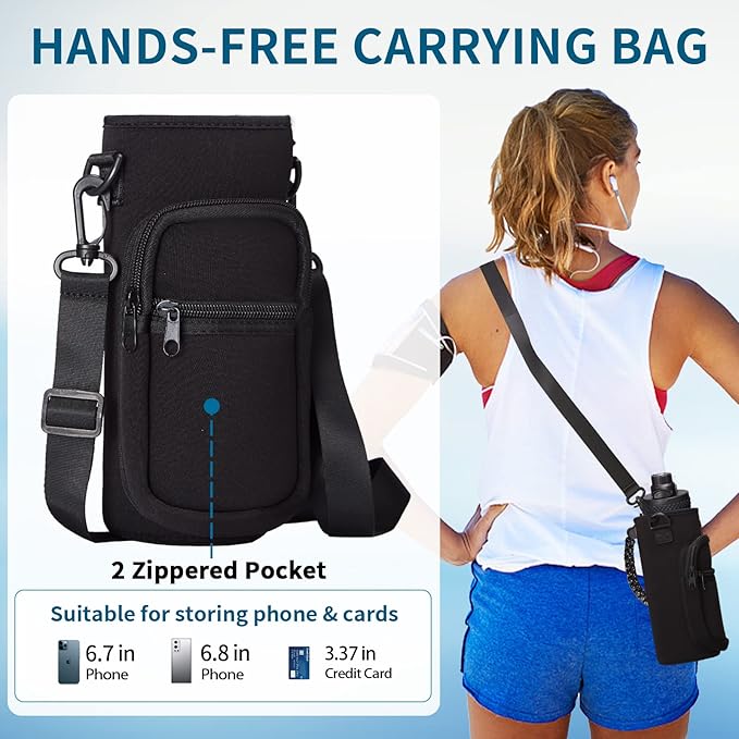 Water Bottle with Straw - 40 oz Stainless Steel Water Bottles, Big Water Jug Vacuum Insulated Waterbottle with Paracord Handle, Straw / Auto Spout Lid, Strap Sleeve, Metal Reusable Water Bottle Black