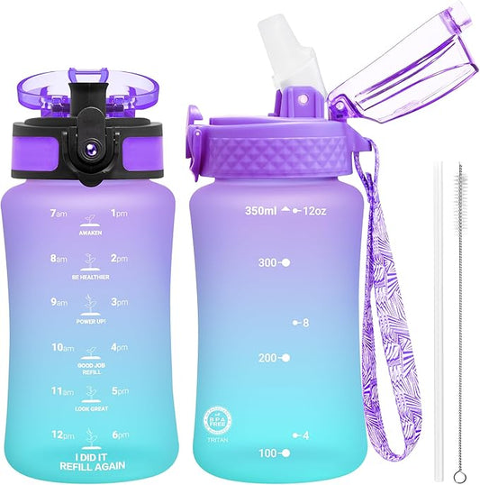 OLDLEY Kids Water Bottle for School, 12 oz (2 lids) BPA-Free Reusable Leak-proof Durable Tritan Plastic Water Bottles with Straw & Chug Lids, Anti-dust Spout Cover (Macaroon)