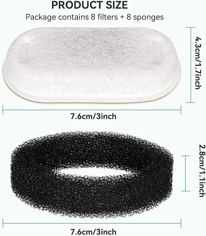 Cat Water Fountain Filters, 16 Pack Replacement Files for 67oz/2L&108oz/3.2L Stainless Steel Pet Water Fountain Cat Water Fountain Dog Water Dispenser, 8 Filters&8 Sponges