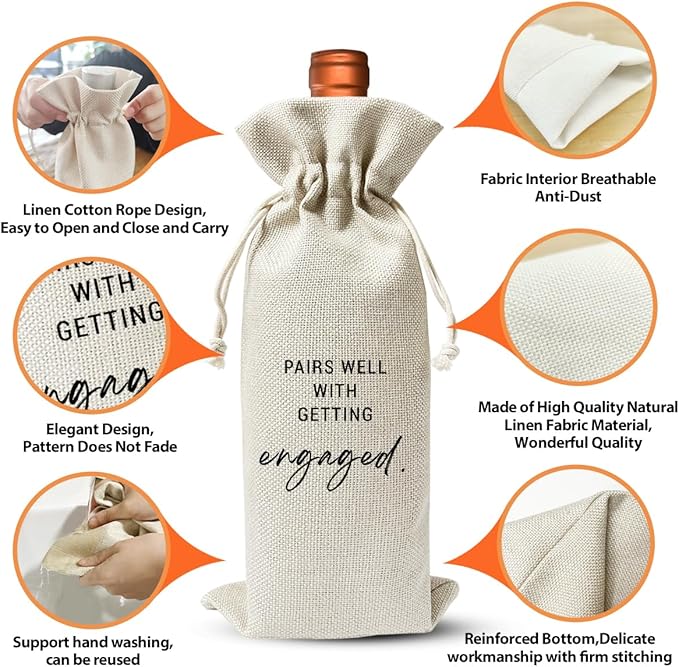 Wedding Or Engagement Gift Wine Bag For Couple Bride Groom Her Women Man, Wedding Or Engagement Party Decorations Favors, Paris Well With Getting Engaged, Cotton Linen Wine Bag, New Bride Gift Idea