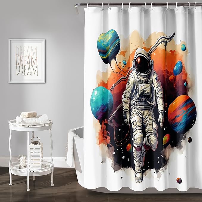 AILONEN Astronaut Shower Curtain for Bathroom,Planet Spaceman Bath Curtain for Kids Boys Teens,Universe Polyester Waterproof with 12 Plastic Hooks 72" W*78" H