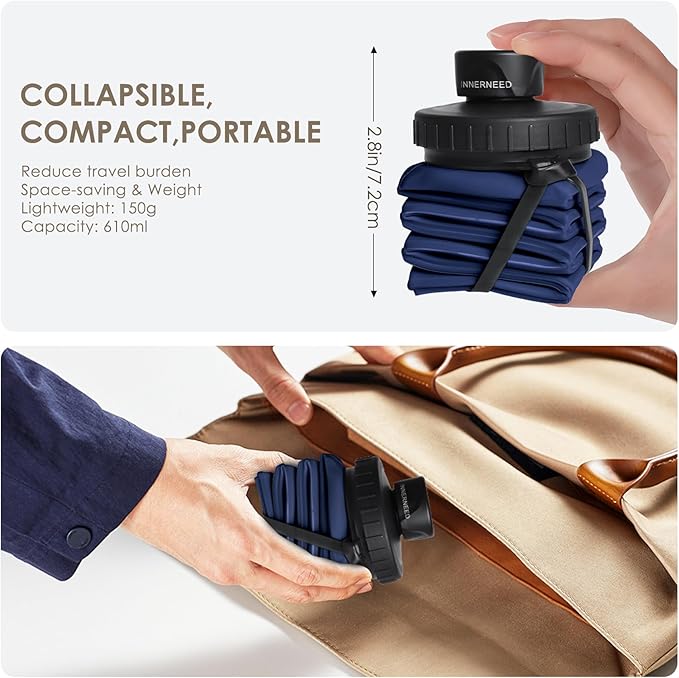 INNERNEED Collapsible Water Bottle, Reuseable BPA Free Silicone Foldable Water Bottles for Travel Gym Camping Hiking, 20.6 fl.oz, Portable, Food-Grade, Leak Proof (1 Pack, Dark Blue)