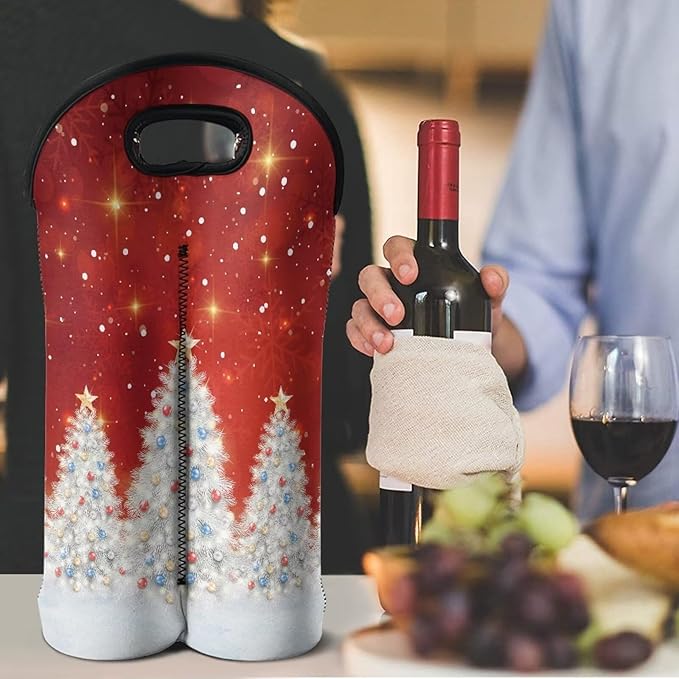 doginthehole 2 Bottle Wine Carrier Neoprene Wine Bottle Tote Red Silvery Xmas Tree Print Bottle Holder for Travel Picnic Portable Wine Champagne Bottles Bag for Christmas Party