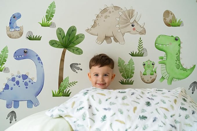 Large Dinosaur Wall Decals by Lipastick - 110 pcs Watercolour Dinosaur Kids Wall Stickers - Dinosaur Footprints Silhouettes Decals for Walls – Peel and Stick Decal for Kids Bedroom Nursery L Size