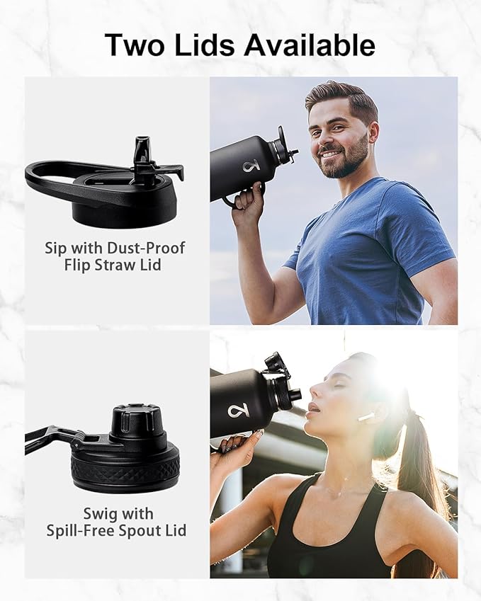 Trebo 64oz Water Bottle Insulated with Straw & 2 Lids, Half Gallon Double Wall Vacuum Stainless Steel Metal Large Jug with Handle, Wide Mouth Flask Mug with Carry Pouch, Keep Cold Hot, Black