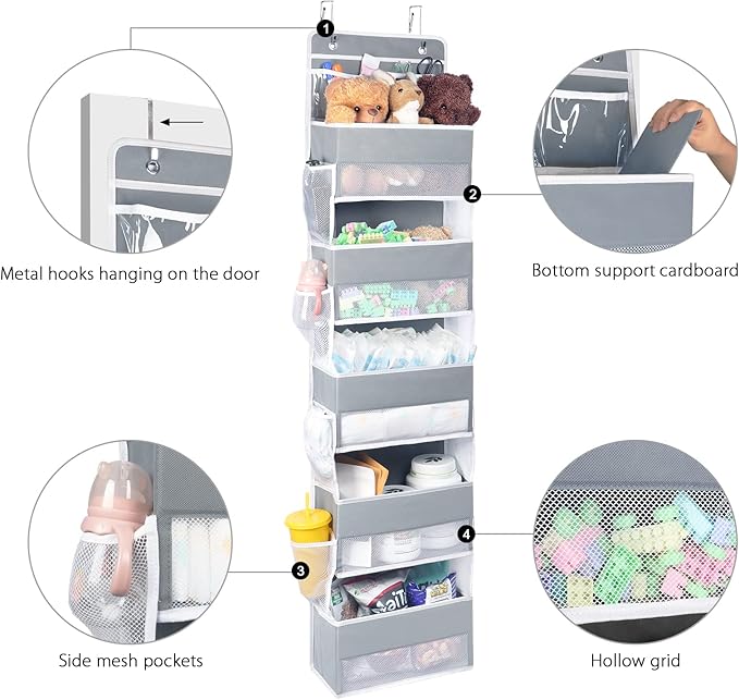 Univivi Over Door Hanging Organizer Storage with 5 Large Pockets and 2 Small PVC Pockets for Cosmetics Wall Hanging Storage Organizer for Pantry Baby Nursery Bathroom Closet Dorm(Grey)
