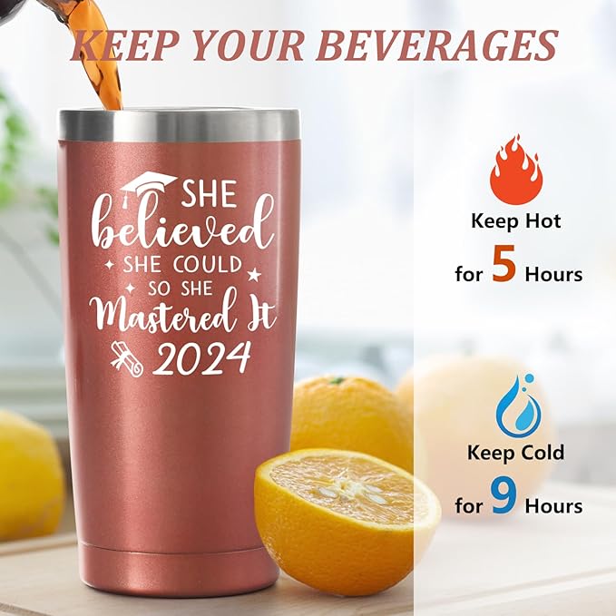 Lifecapido Graduation Gifts for Her, She Believed She Could So She Mastered It 2024 20 oz Insulated Travel Tumbler, Graduation Gifts with Keychain for Masters College High School Graduate, Rose Gold
