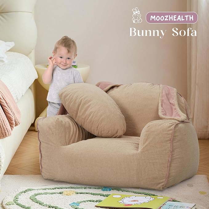 Bunny Kids Sofa Toddler Chair,Toddler Bean Bag Chair with Carrot-Shaped Throw Pillow,Soft Corduroy Cover Comfy Toddler Chair for Reading and Napping, for Boys and Girls,Beige Bunny