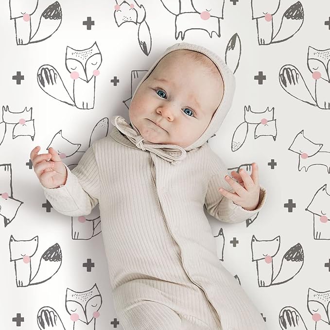 GRSSDER Stretchy Ultra Soft Jersey Knit Pack n Play Sheets Set 2 Pack, Portable/Mini Cribs Playard Sheets, Cute Foxes and Rabbits for Baby Girls and Boys