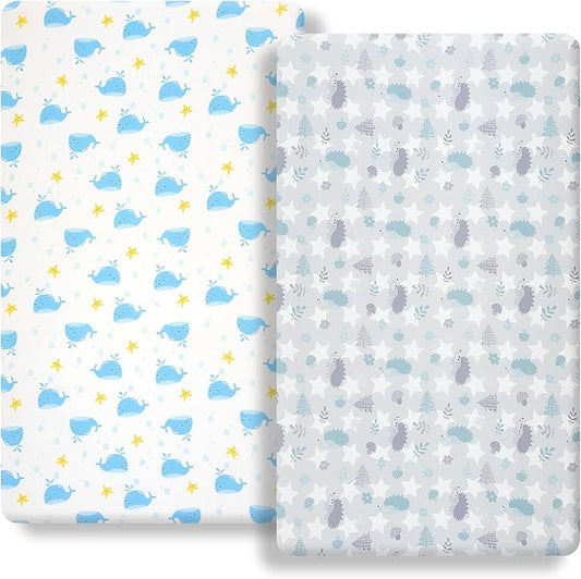 Pack n Play Fitted Sheet .2 Piece Mini Crib Sheet. Stretch Playard Sheet Portable Sheet Set. Elastic Convertible Playard Pad. Compatible with Graco Pack n Play (Baby Whale and Hedgehog)
