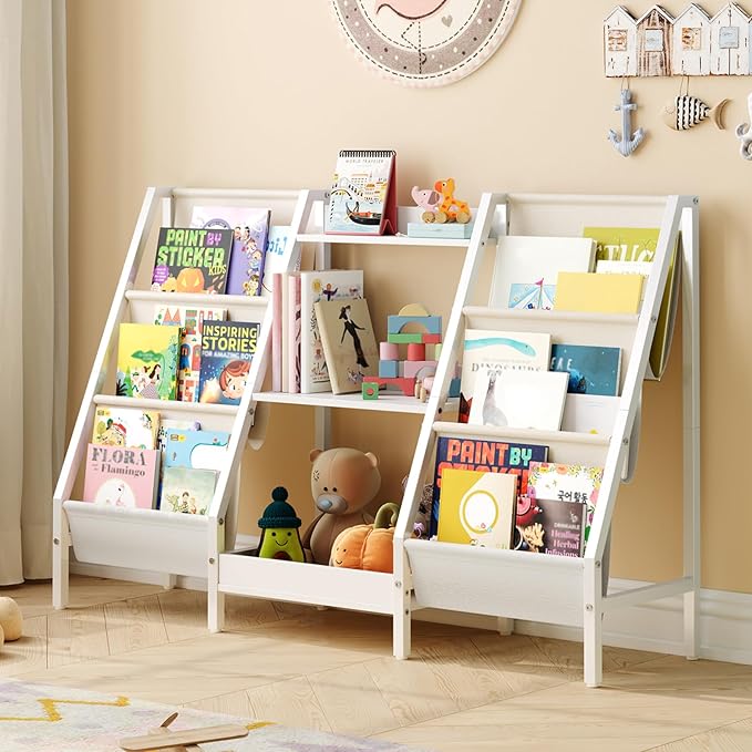 Kids Bookshelf and Toy Organizer, 3-Tier Kids Bookcase, Kids Sling Bookshelf, Toddler Toy Storage Organizer with Bookshelf, for Kids Room, Playroom, Bedroom, Nursery, White BKWT34201
