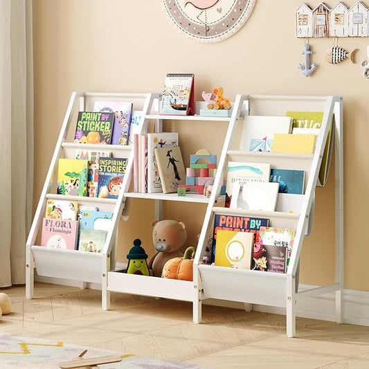 Kids Bookshelf and Toy Organizer, 3-Tier Kids Bookcase, Kids Sling Bookshelf, Toddler Toy Storage Organizer with Bookshelf, for Kids Room, Playroom, Bedroom, Nursery, White BKWT34201