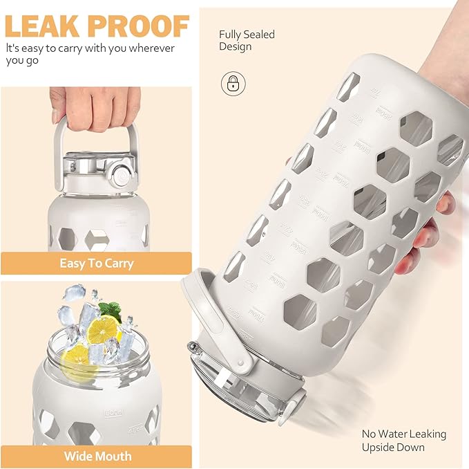 MUKOKO Half Gallon/64 oz Glass Water Bottles with Straw and Lid,Motivational Water Jug with Time Marker Reminder and Silicone Sleeve,100% Leakproof BPA Free Fitness Sports Large Bottle-White