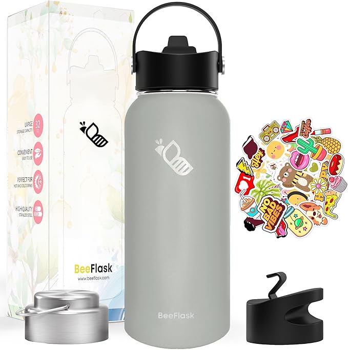 Sports Water Bottle - 32 Oz, 3 Lids (With straw), 50 Cute Stickers, Vacuum Insulated, 308 Stainless Steel, with a Portion of Sales Supporting Bee Conservation Efforts (Cool Gray)