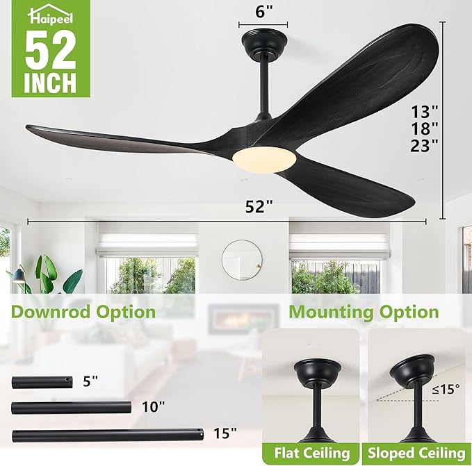 52 Inch Ceiling Fans with Lights and Remote Control, Wood Outdoor Ceiling Fan with Light 3 Blade Modern Black Ceiling Fans Propeller for Patios Porch Garage, ETL Listed DC Motor, Matte Black