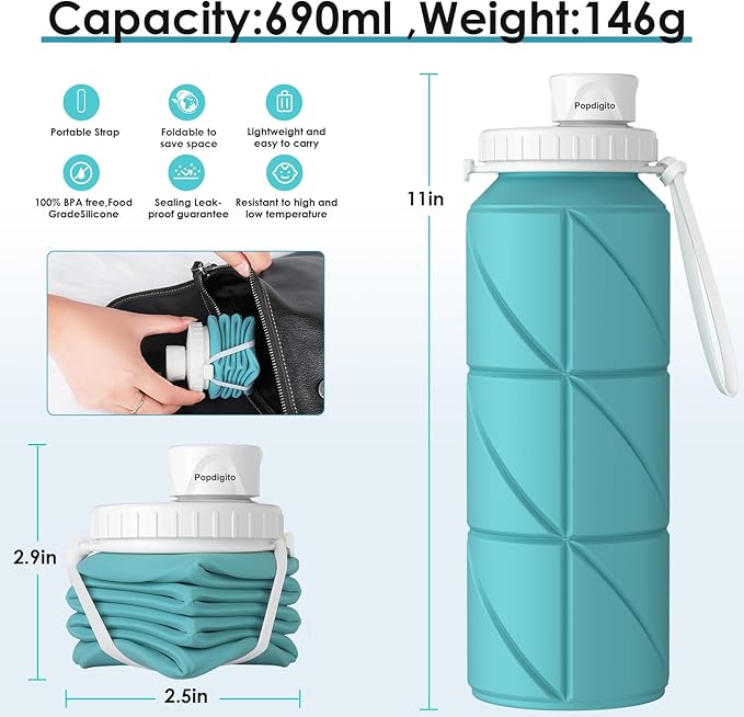 Collapsible Water Bottle 2pcs Foldable Silicone Travel Water Bottle Leakproof Flexible BPA Free Portable,Folding Water Bottle Lightweight for Camping, Hiking,Sports Travel Bottles 23oz