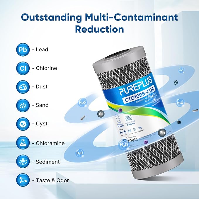 PUREPLUS 5 Micron 10" x 4.5" Whole House Lead Removal Water Filter, Enhanced Coconut Shell Activated Carbon Water Filter, Replacement Cartridge, CTO10BB-CQB, 2 PACK