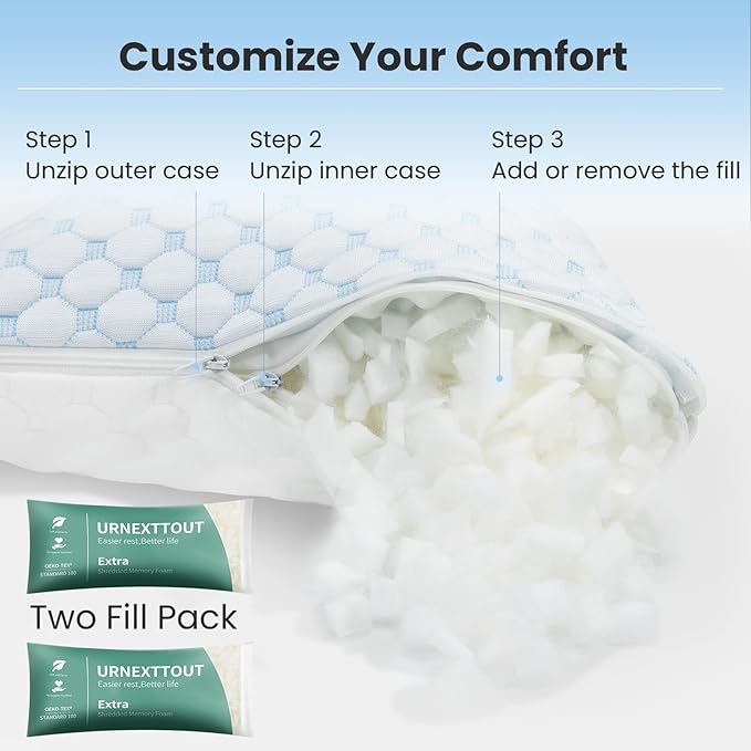 Shredded Memory Foam Pillows for Sleeping Side Sleeper Pillow Support Adjustable Bed Pillow Standard Pillow with 2 Extra Fill Blue