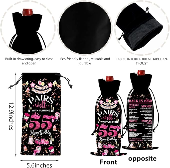 55th Birthday Gifts for Women Men Wine Bag, 55 Year Old Birthday Wine Bags for Women Men, 55th Birthday Party Decorations for Women Men, Pairs Well with Turning 55 Wine Bags (Black Pink)