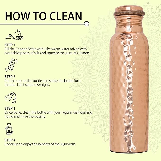 VJR Copper Bottle For Drinking 33 Oz Ayurvedic Leak Proof lid Hammered Design Durable Lightweight Hand Washable Vessel Clean Cool Water Natural Minerals Boost Energy Safe Water Utensil