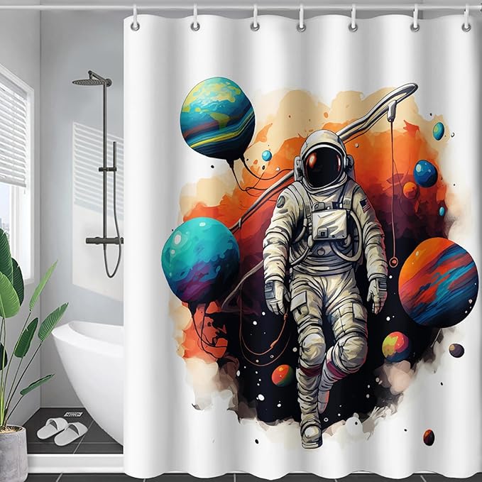 AILONEN Astronaut Shower Curtain for Bathroom,Planet Spaceman Bath Curtain for Kids Boys Teens,Universe Polyester Waterproof with 12 Plastic Hooks 72" W*96" H