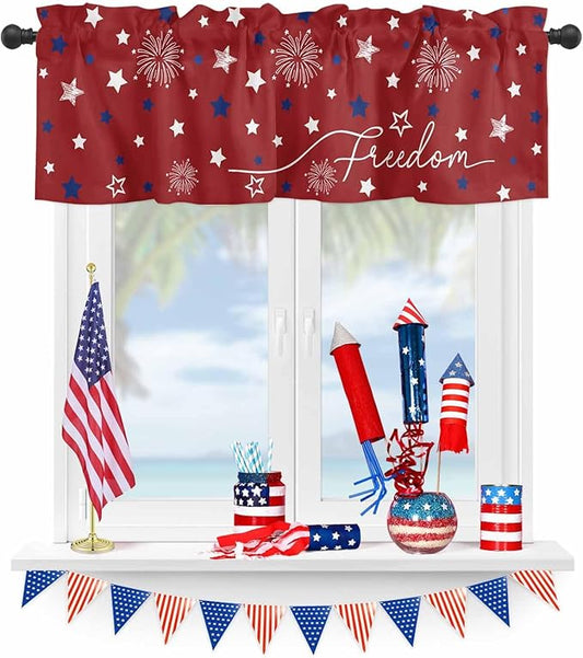 Patriotic 4th of July Kitchen Curtains Valances for Windows Red White Blue Stars Freedom Rod Pocket Window Treatment for Kitchen /Living Room/Bedroom/ Bathroom, 54" X 18", Memorial Day Summer