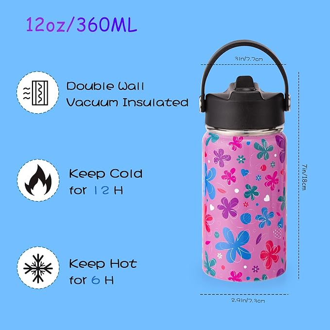 Kids Insulated Water Bottle, 2 Pack 12oz Flower Water Bottles Bulk with Flip Straw & Big Handle, 18/8 Stainless Steel, Gifts for Kids Girls to School Travel Sports, Hands Wash Only, Pink & Blue