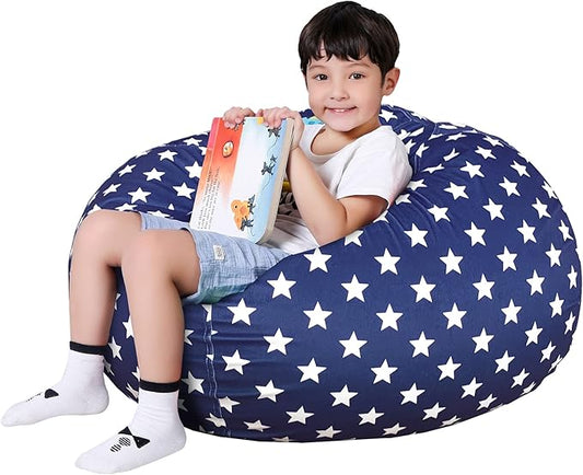 Lukeight Stuffed Animal Storage Bean Bag Chair Cover for Kids, Zipper Beanbag Chair Cover for Organizing Toddler and Kids' Rooms Plush Toys (Stars Navy Velvet, X-Large)