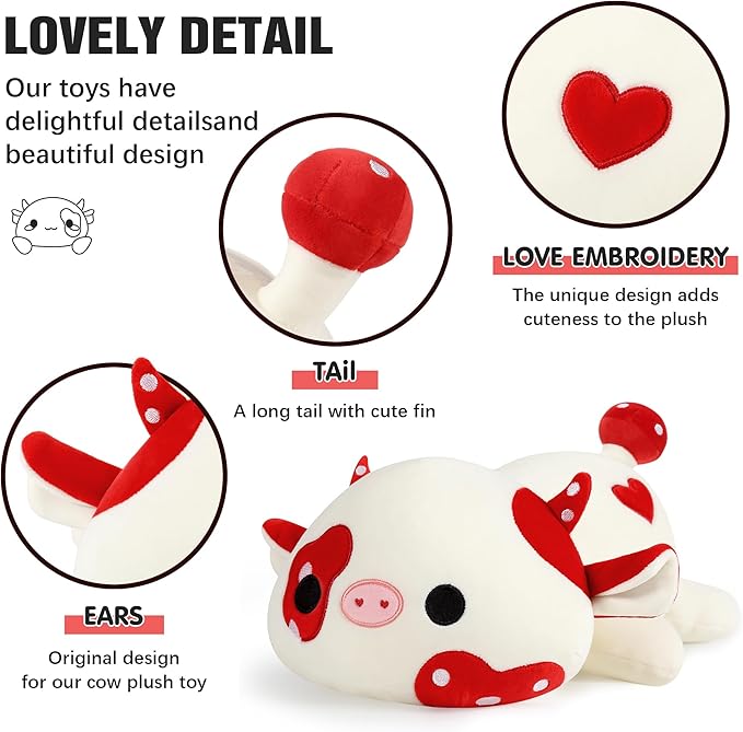 Onsoyours Cute Cow Plushie, Soft Stuffed Mushroom Cow Squishy Plush Animal Toy Pillow for Kids (Red Mushroom Cow, 12")