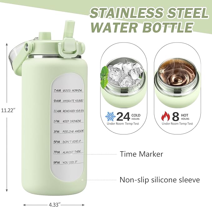 BLUEGO 64oz Insulated Water Bottle with Straw and Handle Leakproof Half Gallon Wide Mouth Motivational Water Bottle, 2-IN-1 Straw Spout Lid Stainless Steel Water Jug for Sport Travel Gym-Light Green