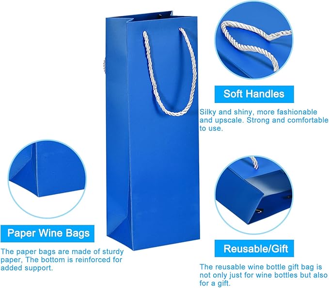 uxcell Wine Bags, 12pcs Blue 5 x 4 x 14 In Wine Gift Bags with Rope Handles Paper Wine Tote Bag for Wedding Birthday Christmas Party Supplies